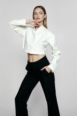 Chic White Boucle Cropped V Neck Coat