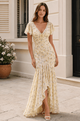 Mermaid V Neck Lace Panel Slim Long Floral Dress