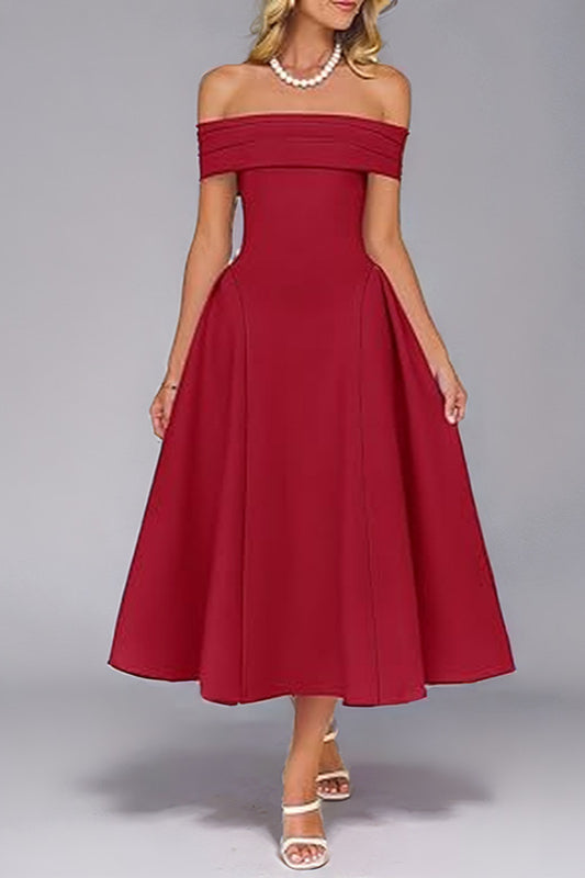 Off-Shoulder Waist-Cinched Solid Party Dress Secondary image