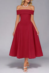 Off-Shoulder Waist-Cinched Solid Party Dress