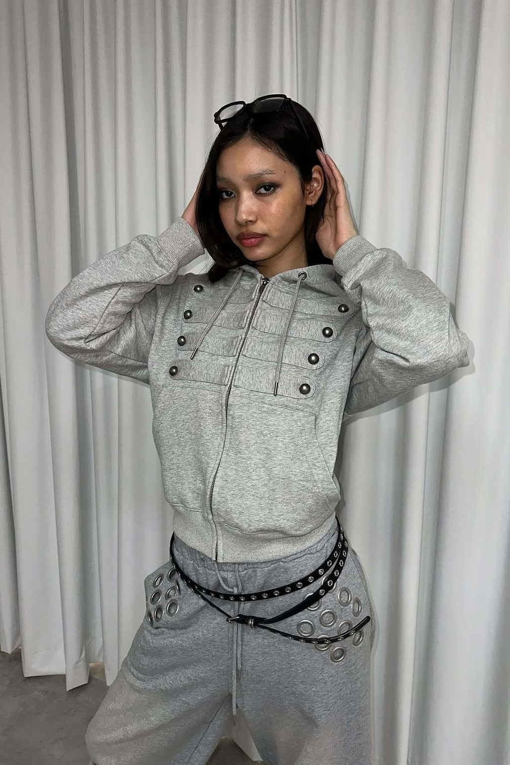 Button Trim Pocket Front Zip Hoodie