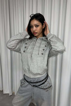 Button Trim Pocket Front Zip Hoodie