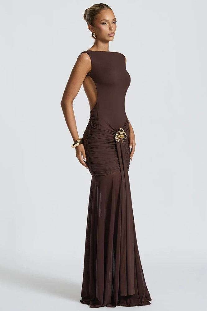 Solid Sleeveless Backless Ruched Waist Slit Formal Dress Main image