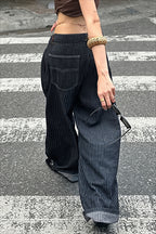 Striped Washed Curved Leg Loose Fit Pants