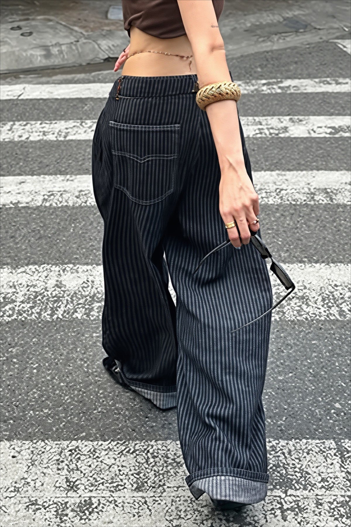 Striped Washed Curved Leg Loose Fit Pants