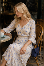 Asymmetric V Neck Flare Sleeve Floral Dress