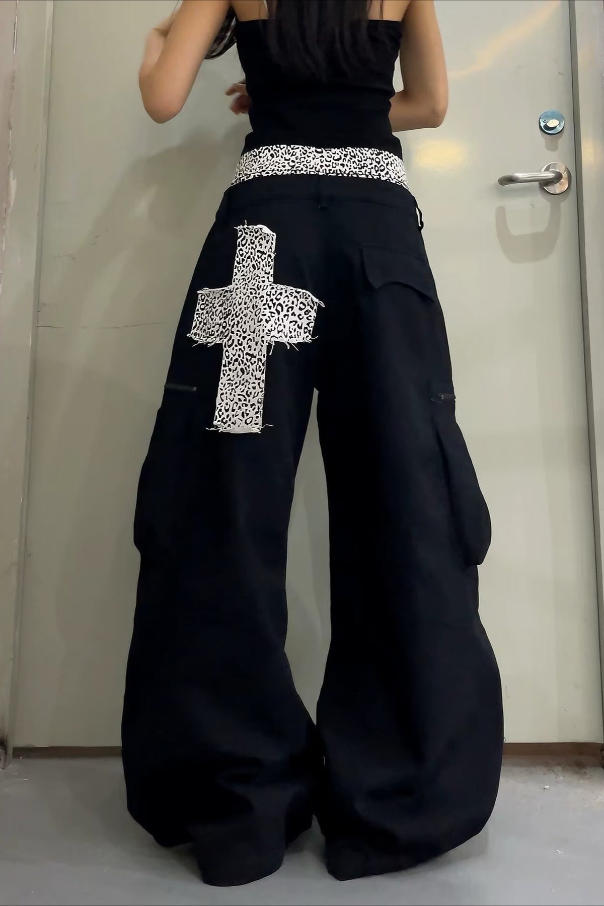 Leopard Cross Double Waist Cargo Jeans