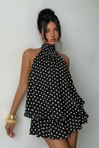 Polka Dot Halter Backless Lace-Up Flared Mini Dress
