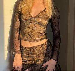 Lace V-Neck Sexy Mesh Sheer Top