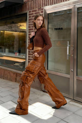 Summer Loose PU Leather Cargo Pant