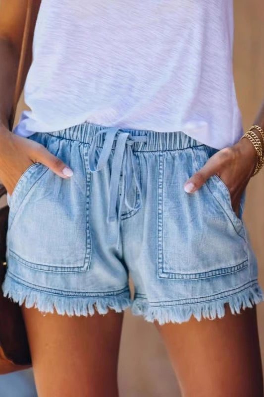 Elastic High Rise Frayed Hem Denim Shorts Main image