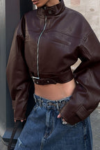Retro Moto Stand Collar Zip Leather Jacket