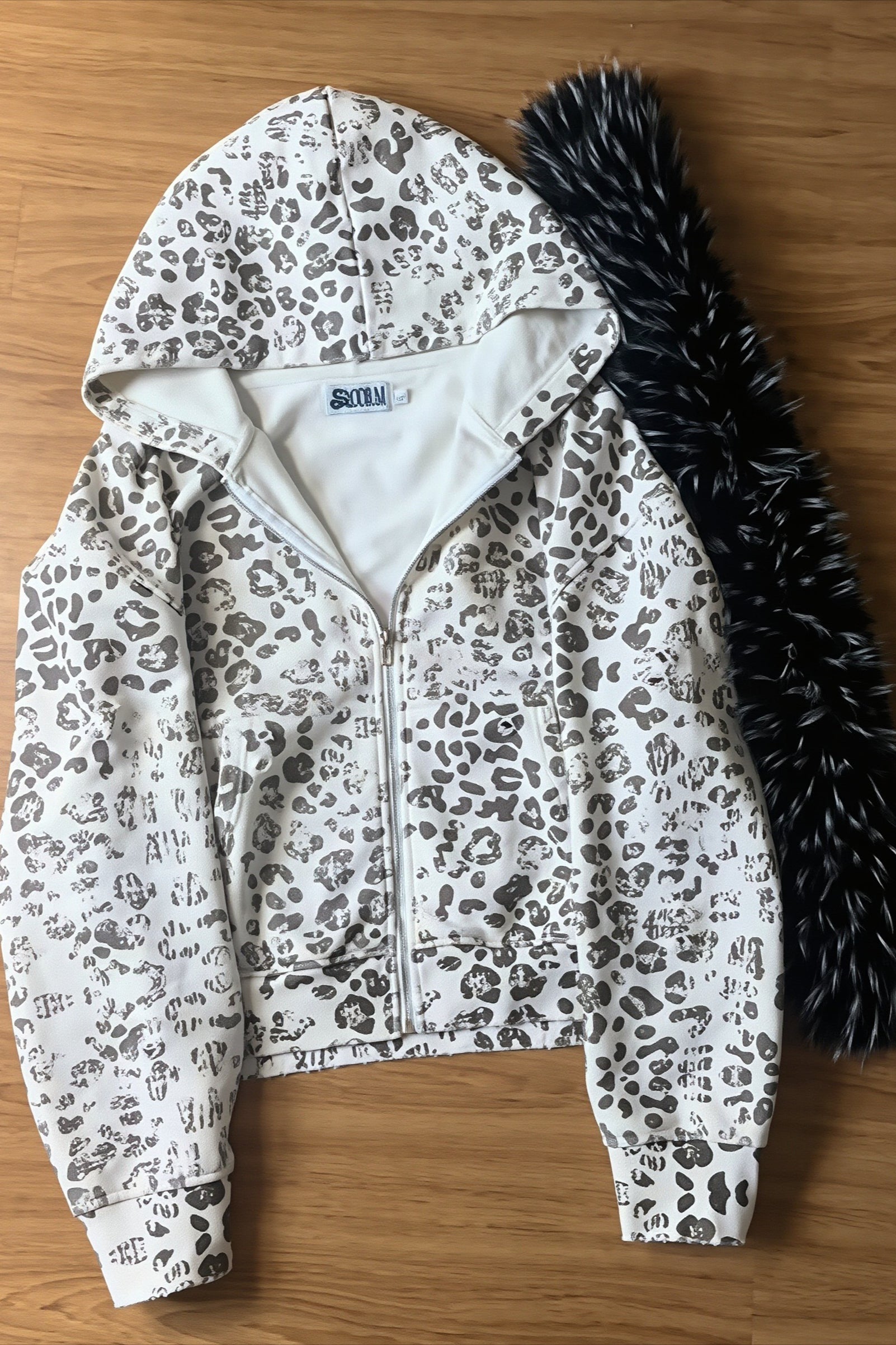 Snow Leopard Fur Trim Zip Hoodie Secondary image