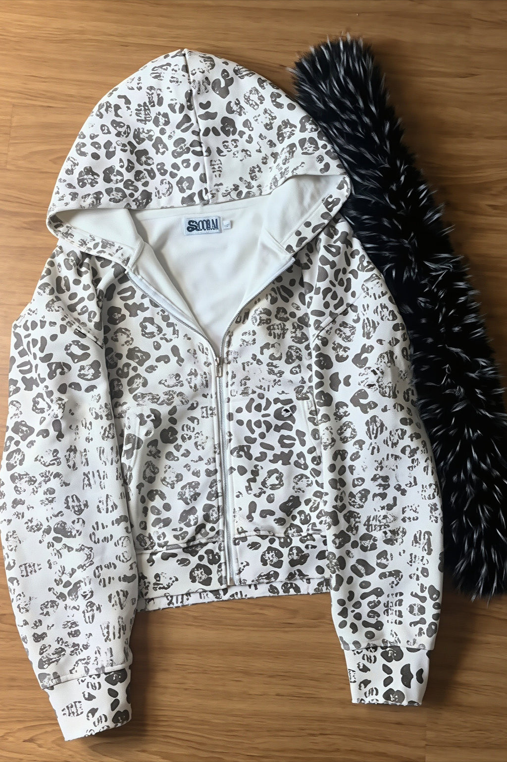 Snow Leopard Fur Trim Zip Hoodie