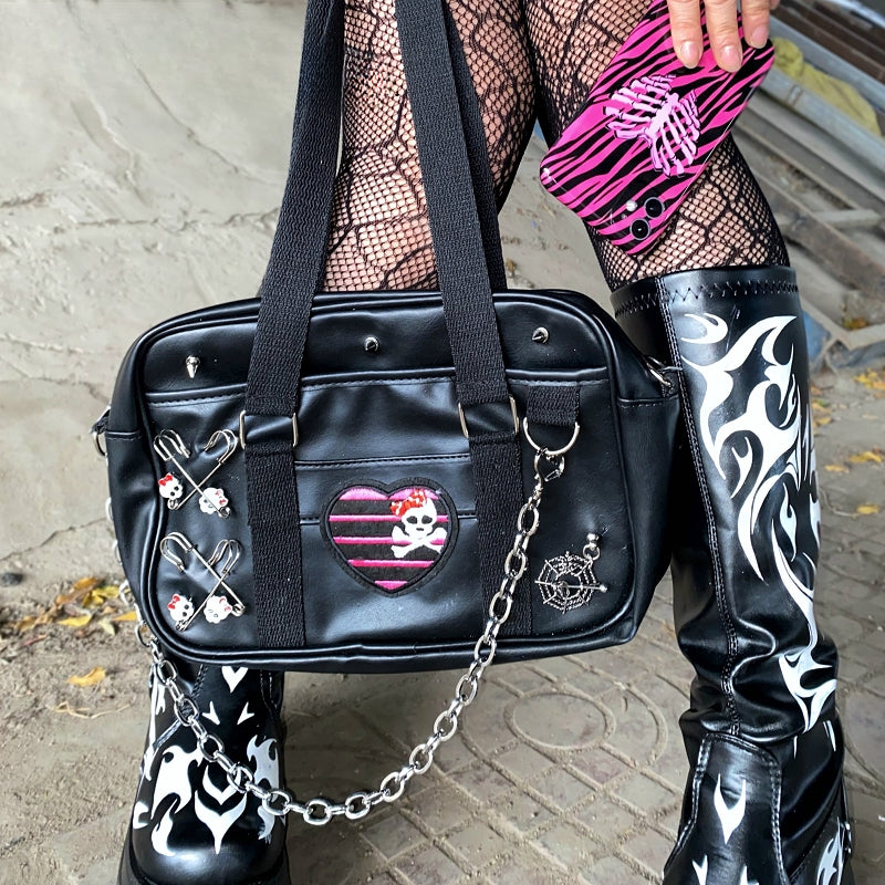 Y2K Skeleton Head Metal Punk Single Shoulder Gothic Student Uniform Bag Main image