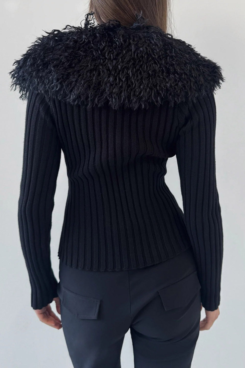 Black Plush Collar Fitted Zip Cardigan Sweater