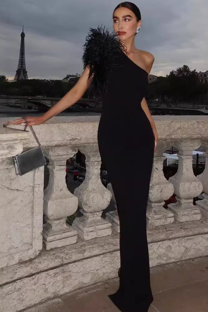 One-Shoulder Feather Trim Party Dress Main image