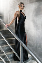 Chic  Deep V Halter Backless Satin Ribbon Formal Dress