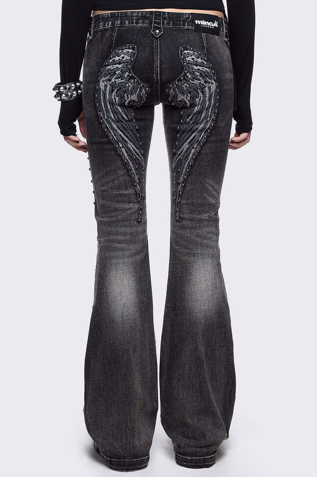 Wing Embroidered Low Rise Flare Leg Jeans