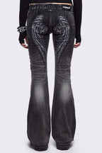 Wing Embroidered Low Rise Flare Leg Jeans