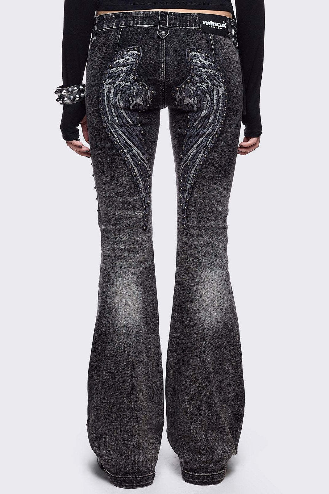 Wing Embroidered Low Rise Flare Leg Jeans