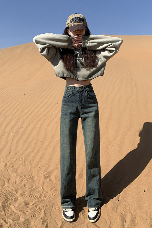 Cement Gray High Waist Straight Wide Leg Extended Jeans Secondary image