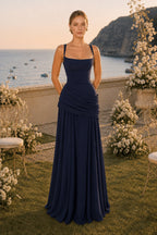Solid Plunge Ruched Waist Backless Slip Dress