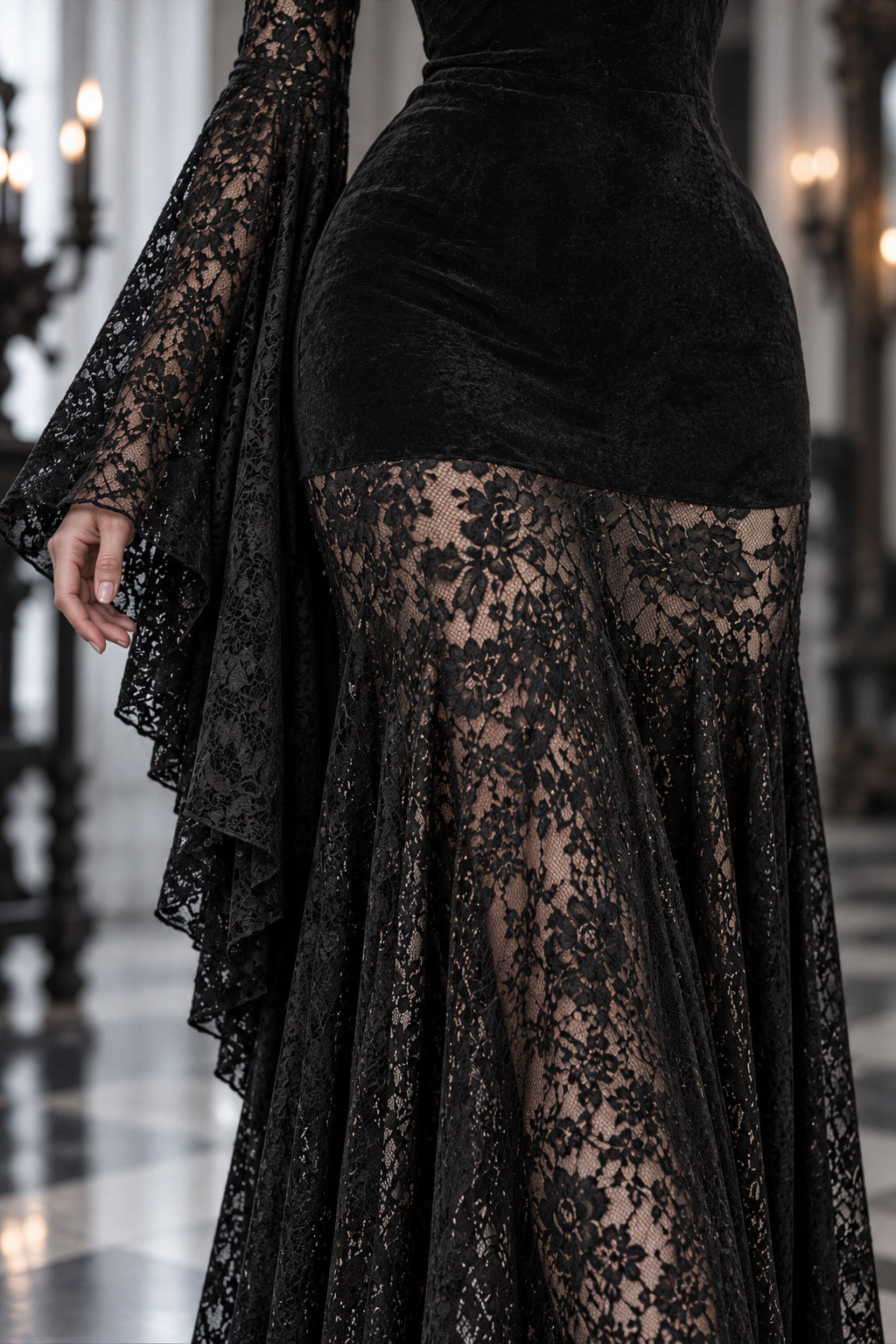 Lace Sleeve Velvet Effect Maxi Dress