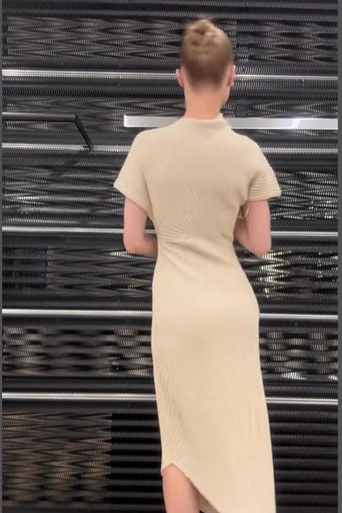 Solid Ribbed Pleated Slit Slim  Elegant Sweater Dress Secondary image