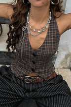 Plaid Button Front Halter Vest Crop Top