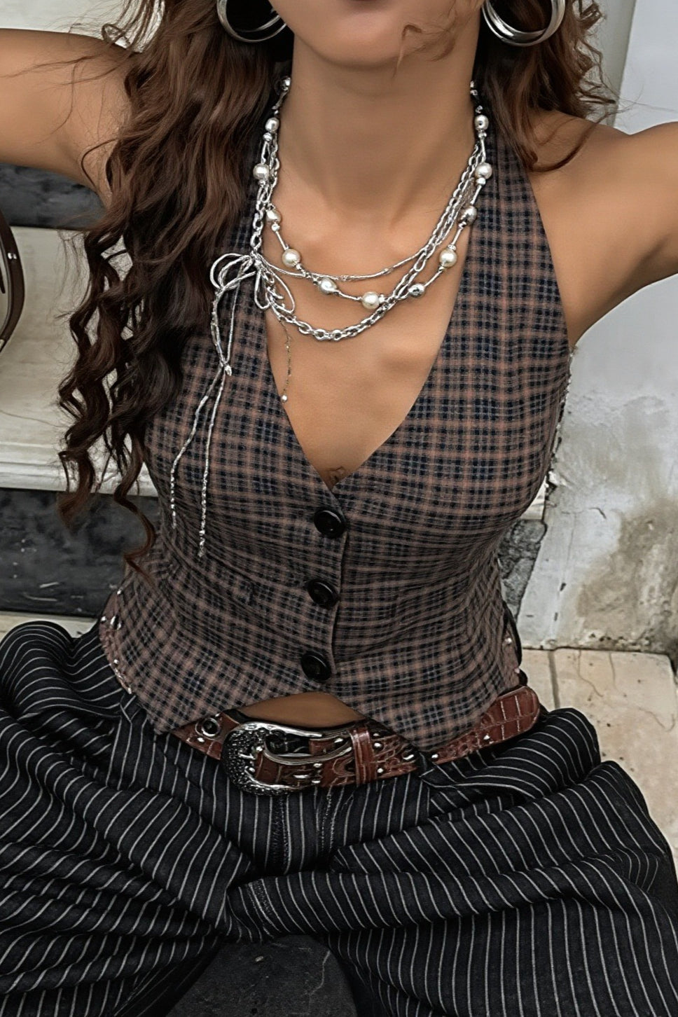 Plaid Button Front Halter Vest Crop Top