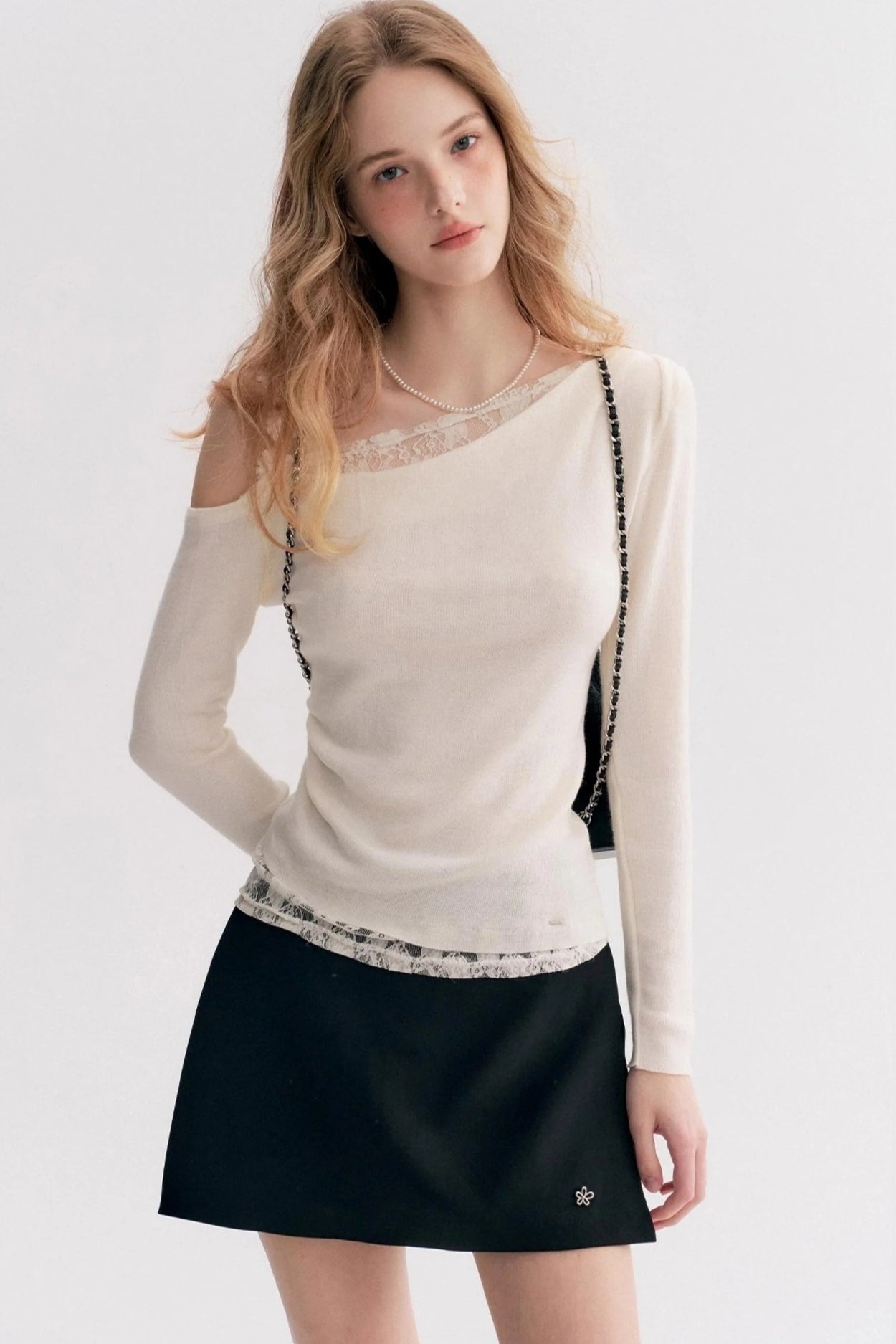 Lace Trim One Shoulder Slim  Long Sleeve Blouse Secondary image