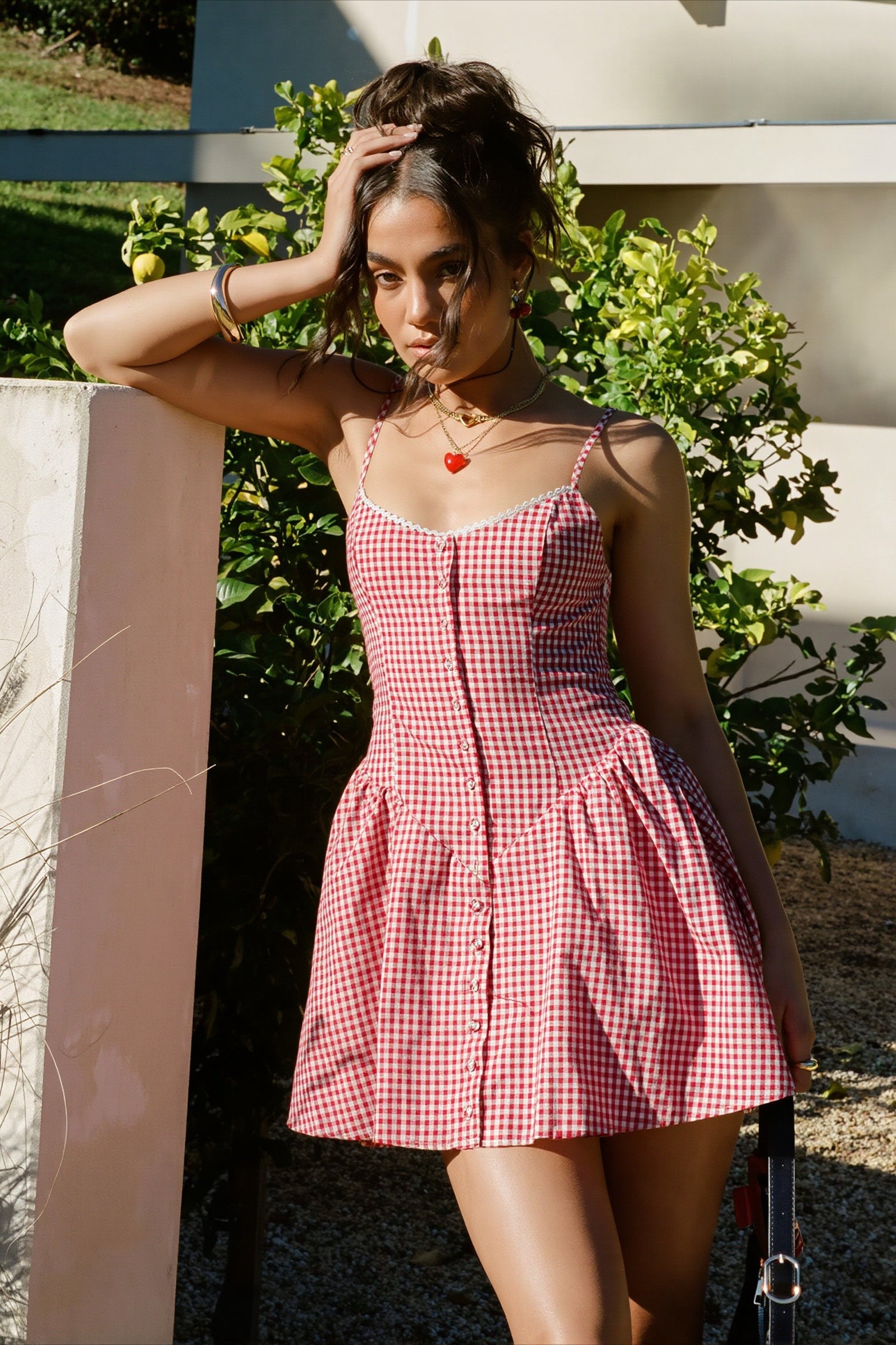 Plaid Lace Trim Button Cami Mini Dress
