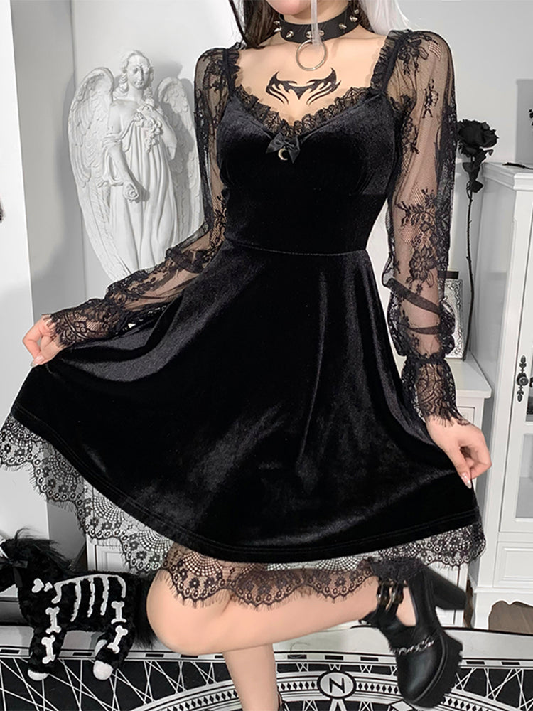 Moon  Black Grunge Dark V Neck Aesthetic Vintage Mini Long Sleeve Autumn Dress Secondary image
