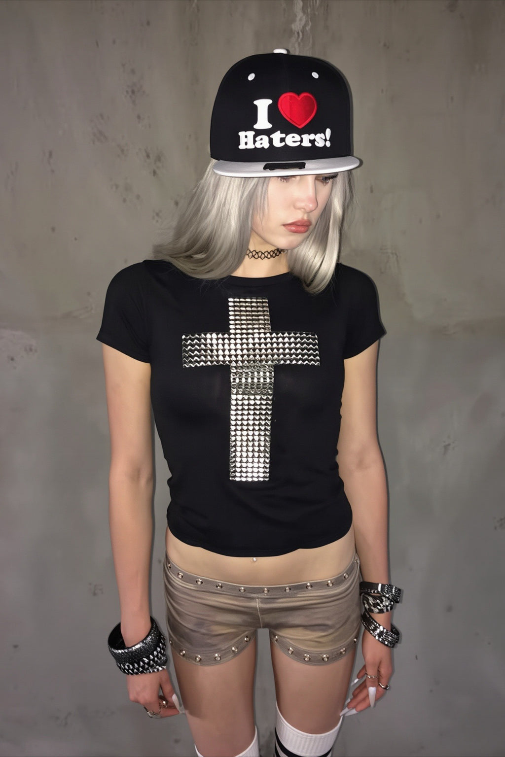 Rhinestone Cross Gothic Fitted T-Shirt