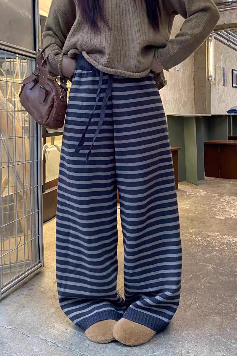 Striped Knitted Fleece High Waist Wide Leg Pants Main image