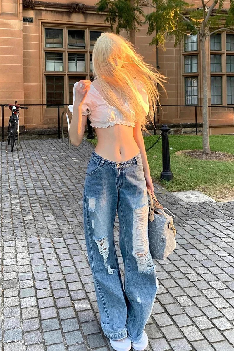Street Style Ripped Loose Fit Wide-Leg Jeans Main image