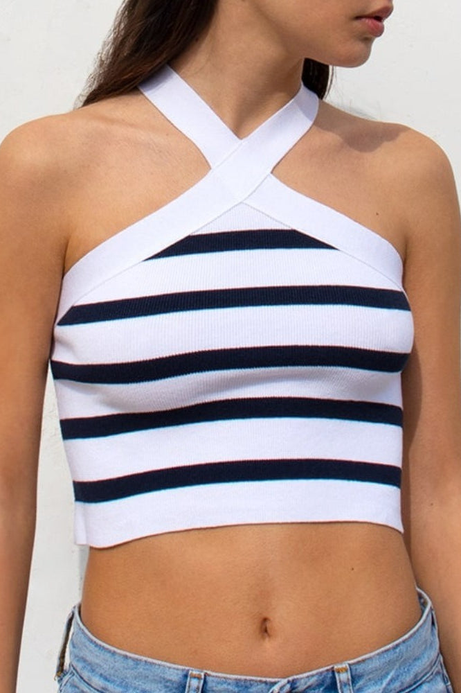 Striped Cross Front Halter Knit Top Main image