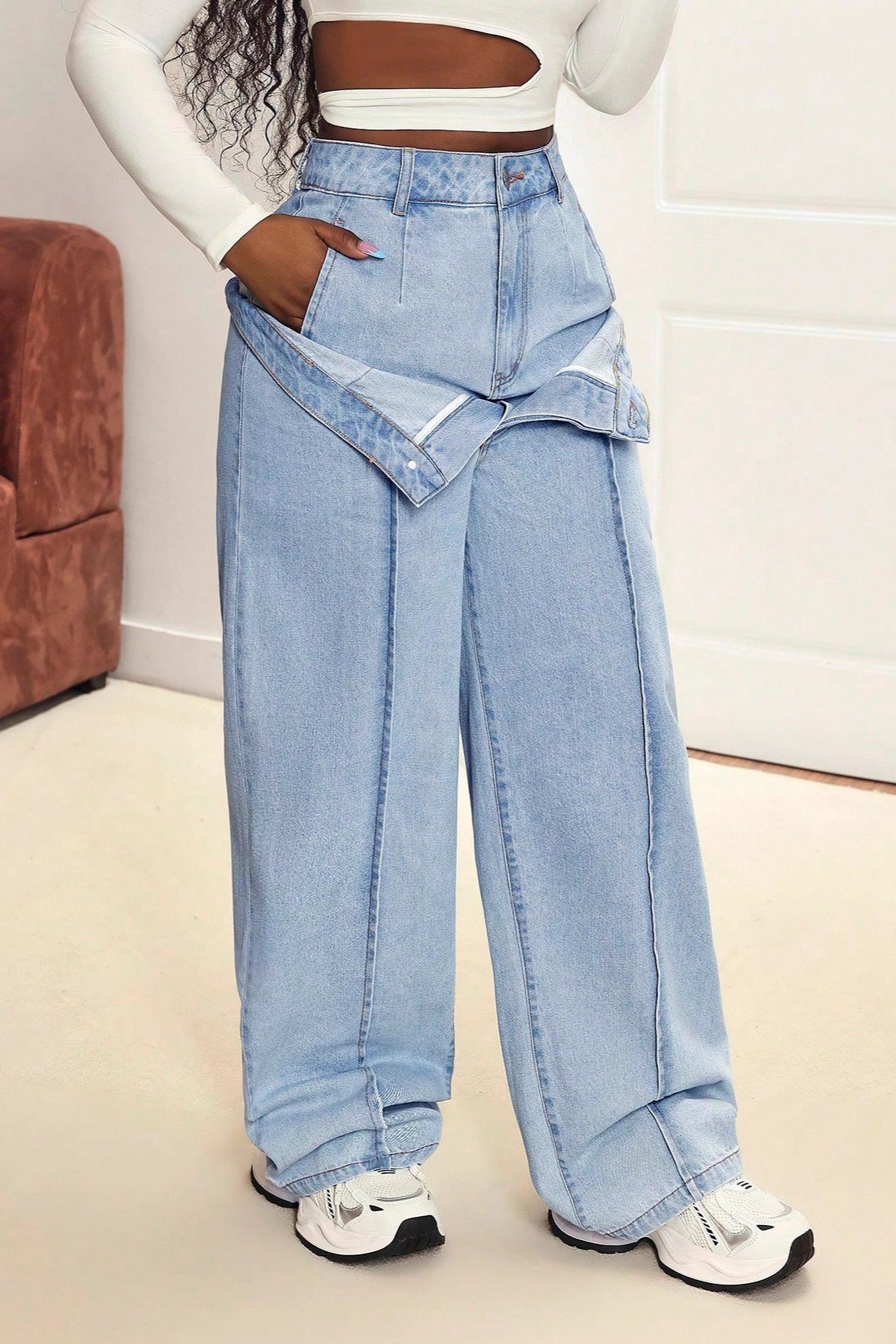 Paneled Dual Waist Stylish Slim Straight Street Jeans Secondary image