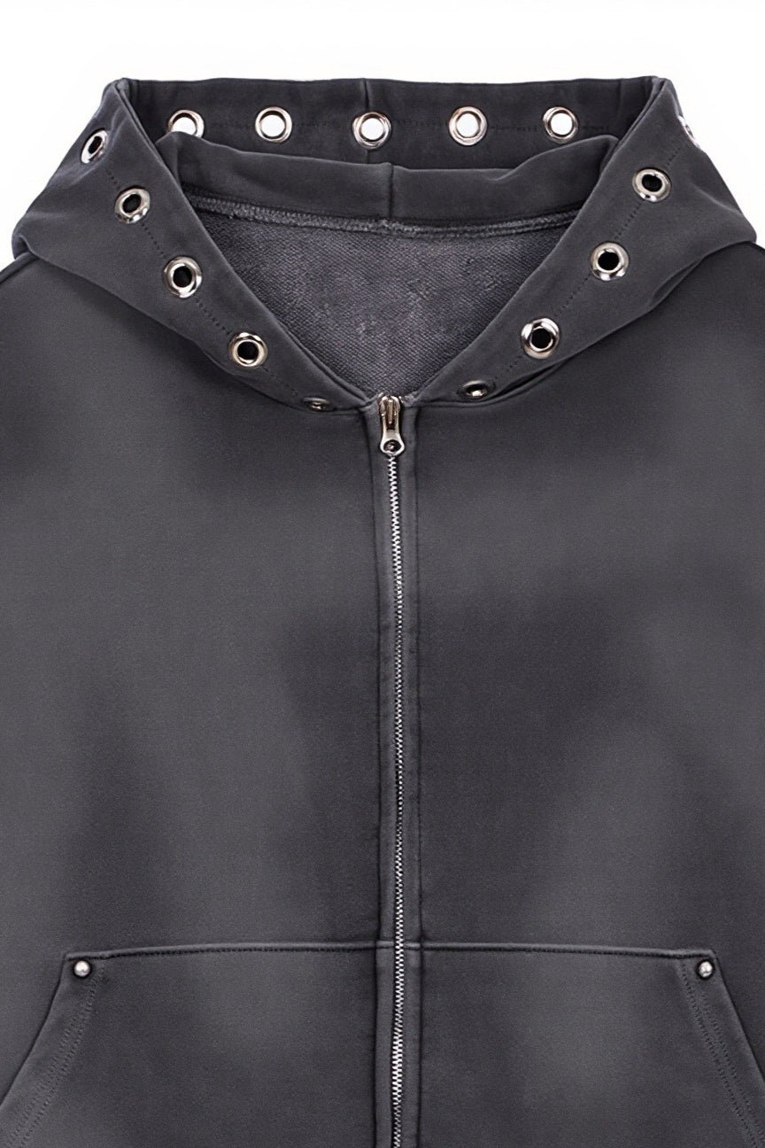 Washed Ring Detail Belted Zip Front Hoodie