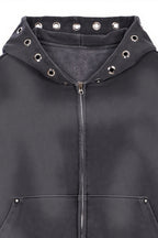 Washed Ring Detail Belted Zip Front Hoodie