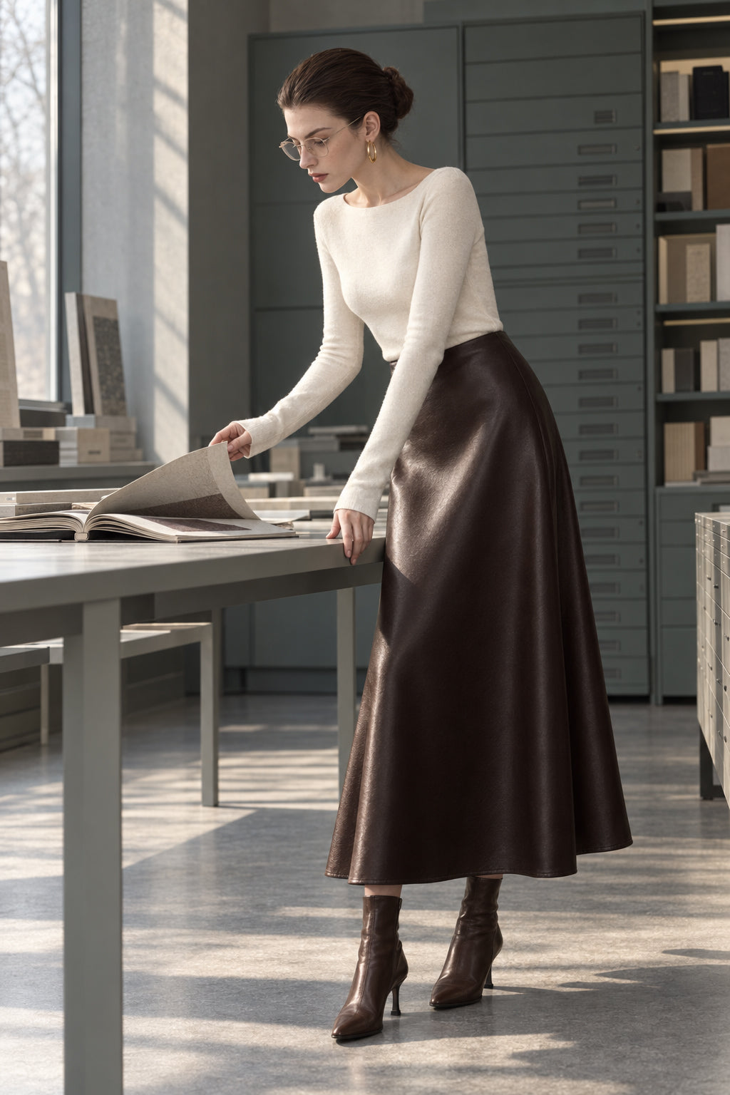 Pleated Faux Graceful Leather Midi Skirt