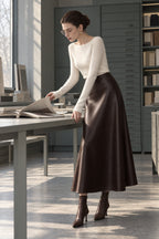 Pleated Faux Graceful Leather Midi Skirt