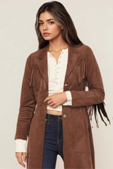 Faux Fur Notch Lapel Long Fringe Long Sleeve Overcoat