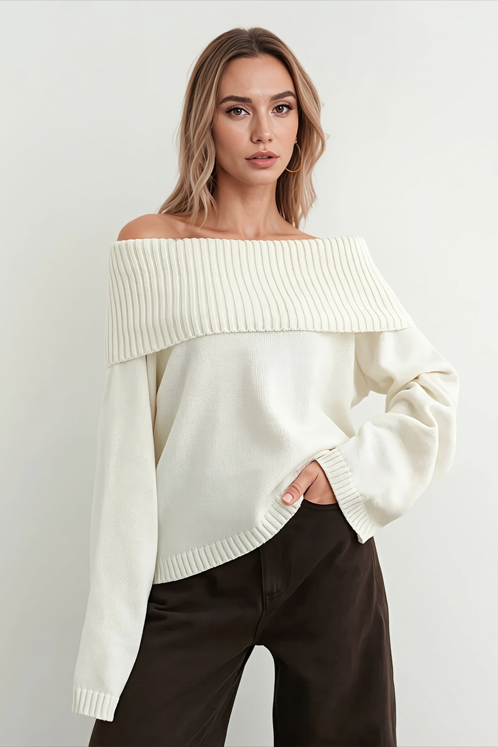 Foldover Off Shoulder Relaxed Pullover Knit Sweater