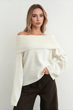 Foldover Off Shoulder Relaxed Pullover Knit Sweater