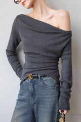 Asymmetric Neck Slim Knit Top