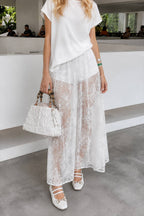 Sexy Sheer Brocade Lace White Jacquard Maxi Skirt
