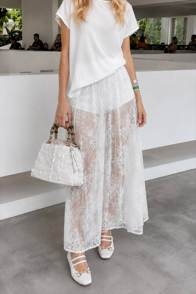 Sexy Sheer Brocade Lace White Jacquard Maxi Skirt