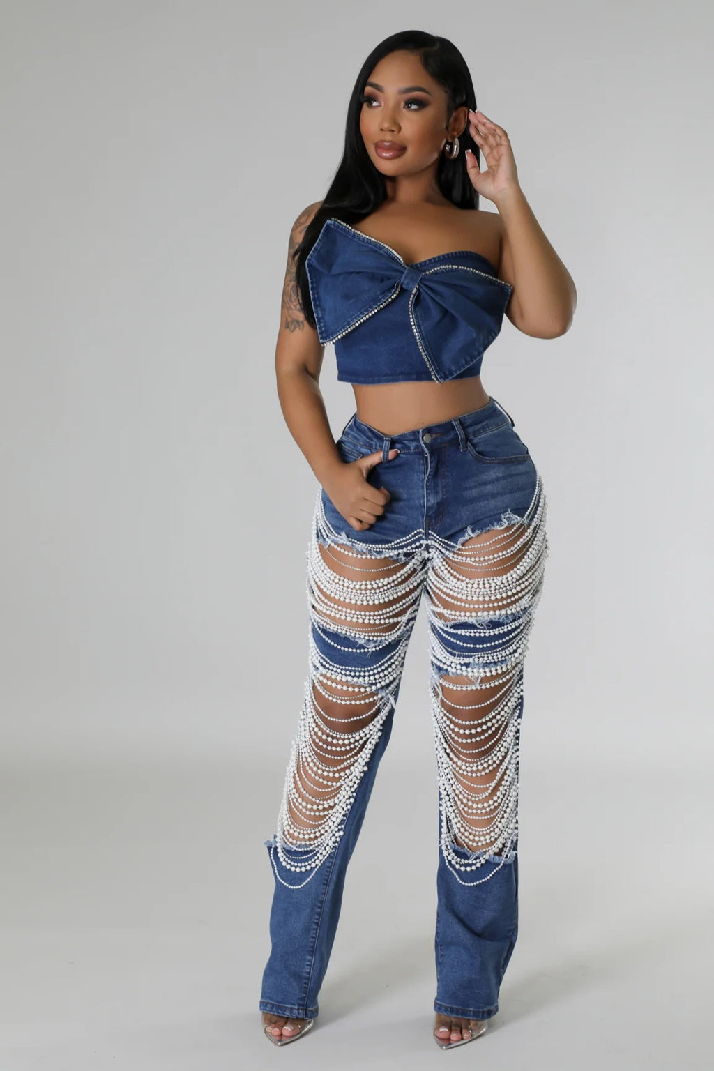 Draped Embellishment Cutout Straight Leg Jeans